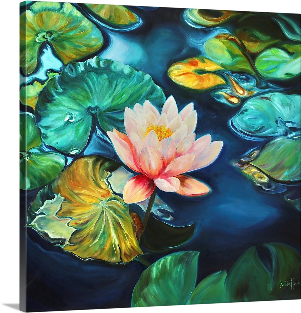 Contemporary painting of a waterlily pond with a pink waterlily flower sitting on teal and gold lily pads with ultramarine...