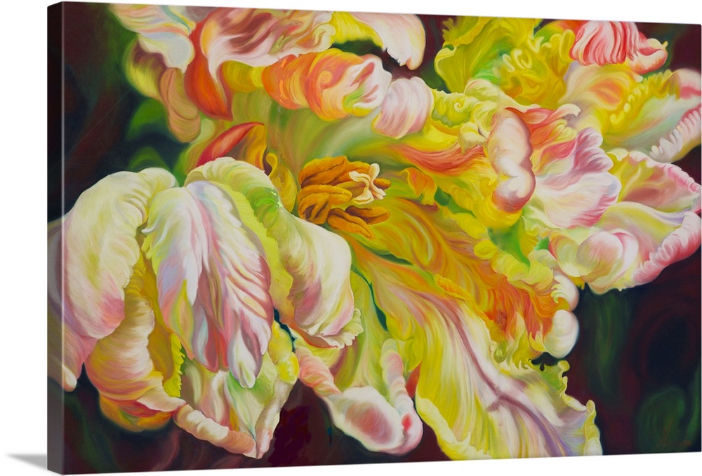 Vitality is a bright big flower painting of parrot tulips in shades of pale pink, creamy yellow and pale green on a dark a...