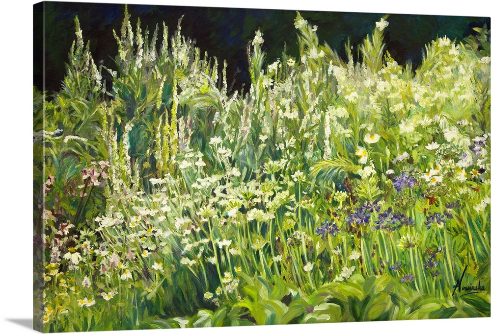 White garden II is a contemporary painting of a garden border at loosely house. It's soft tones of green, white and yellow...