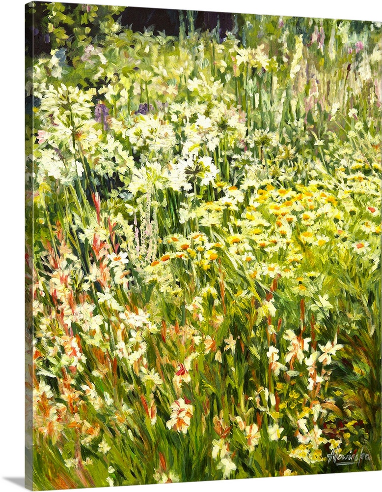 White garden III is a contemporary painting of a garden border at loosely house. It's soft tones of green, white and yello...