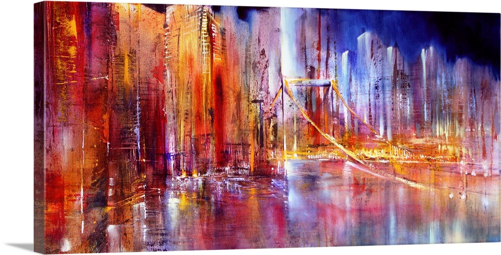 Abstractly painted cityscape in bright colors and structures: on the way on a suspension bridge, in the background a large...