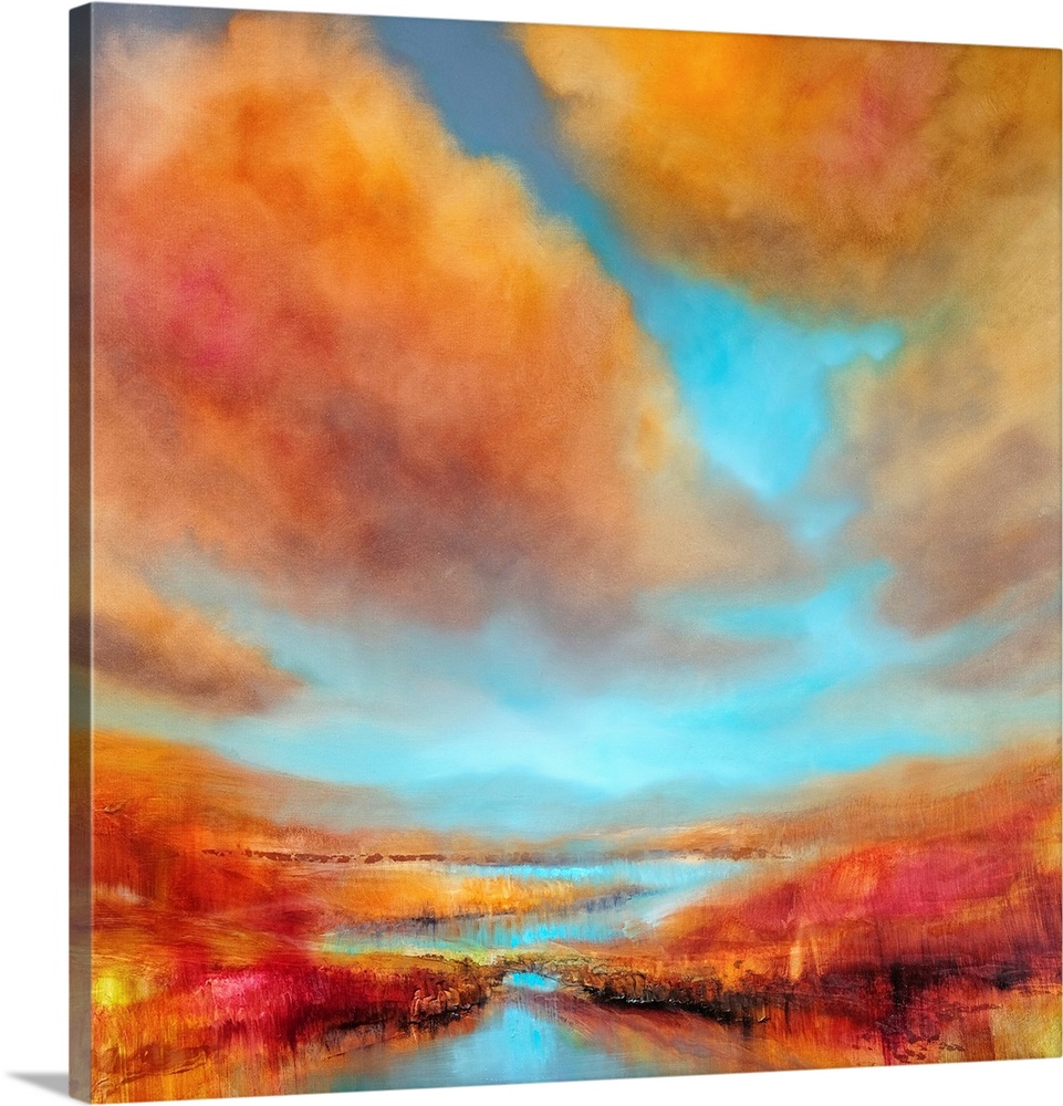 Abstract painted landscape with vivid structures. Wide horizon, clouds, bright light, a river with coastlines that are ref...