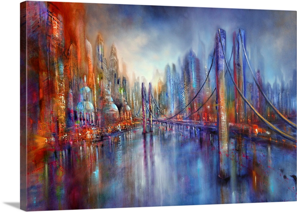 Abstractly painted cityscape in bright colors and structures: on the way on a suspension bridge, in the background a large...