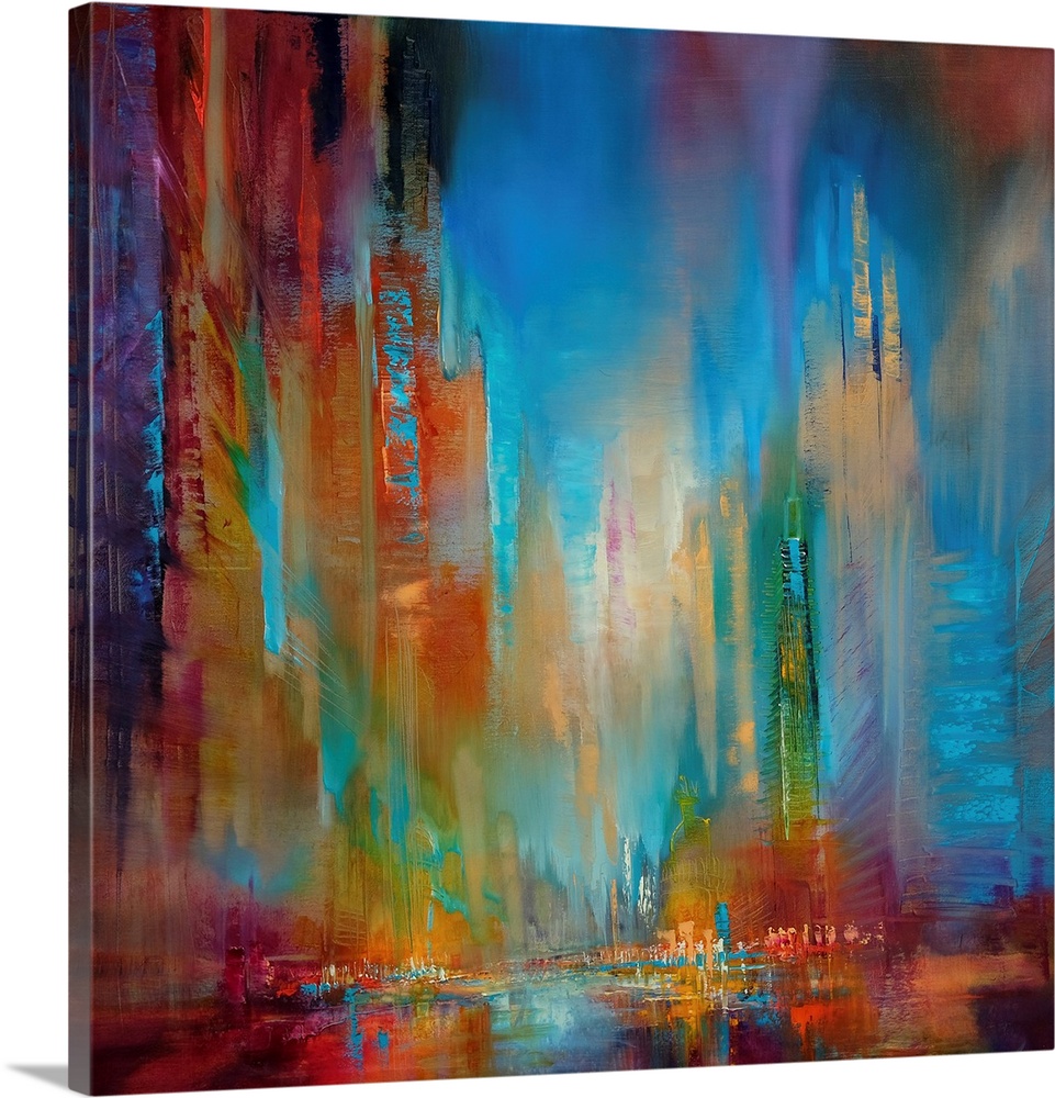 Abstractly painted cityscape near the sea in bright colors and structures:  a large, lively city in red, orange and blue w...