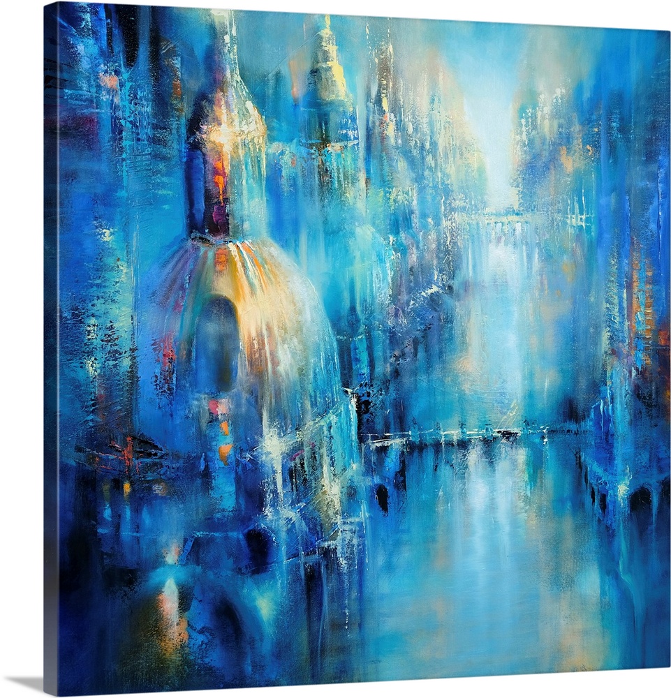 Abstractly painted cityscape with a wide view of old cathedrals, castles and churches with large domes. Wide horizon. Brid...