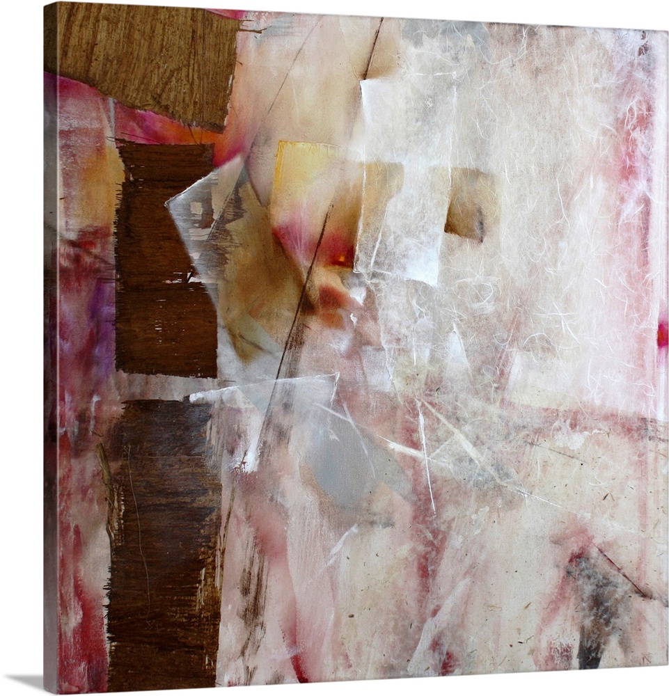 A multi-layered contemporary abstract painting in neutral and dark pink shades with a lot of texture