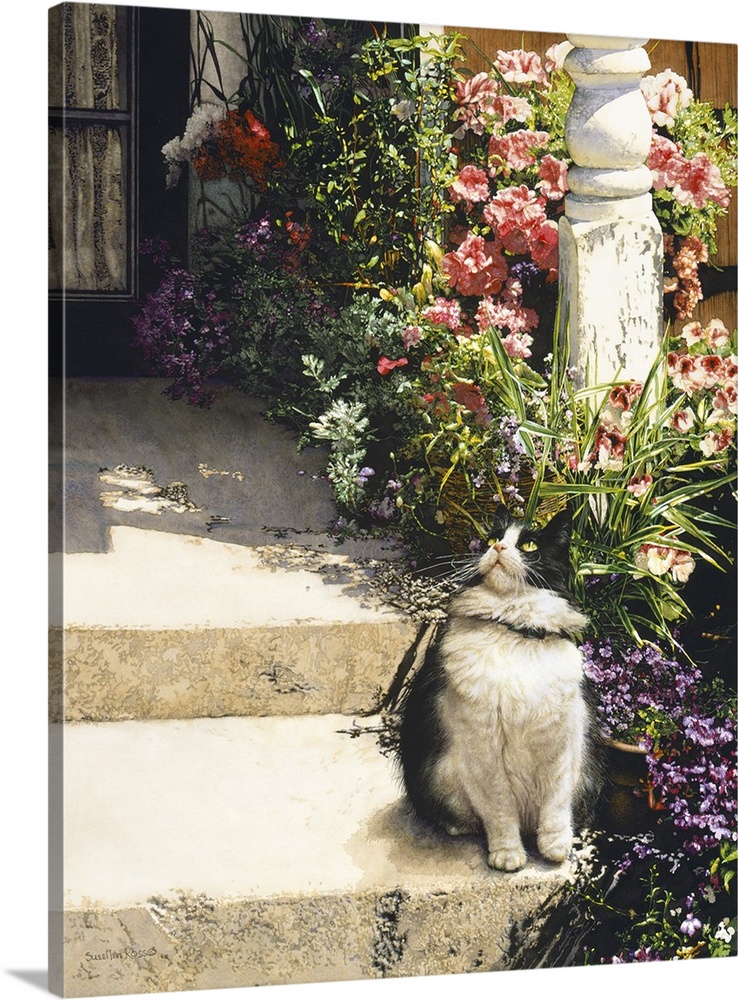 A vertical image of a black and white cat sitting on the steps of a porch covered in flowers.