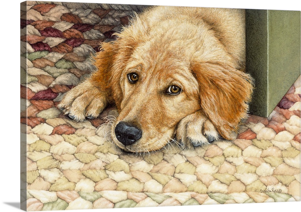 A yellow Labrador laying on a rug next to a door.