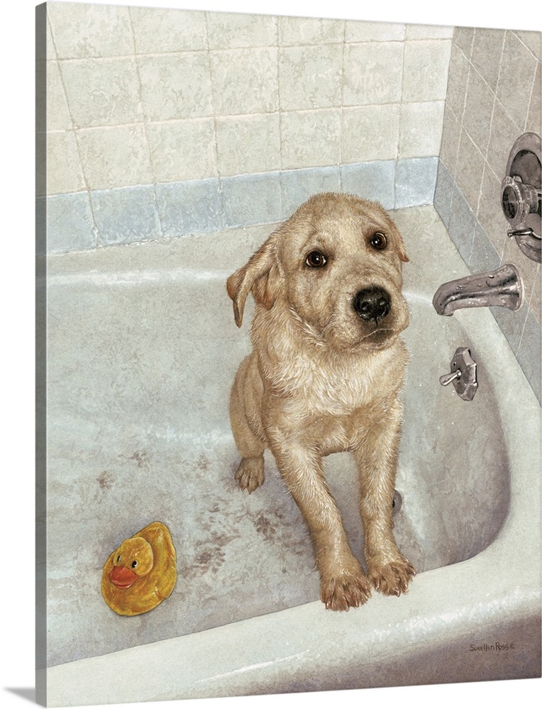 A yellow Labrador puppy getting a bath in a tub.