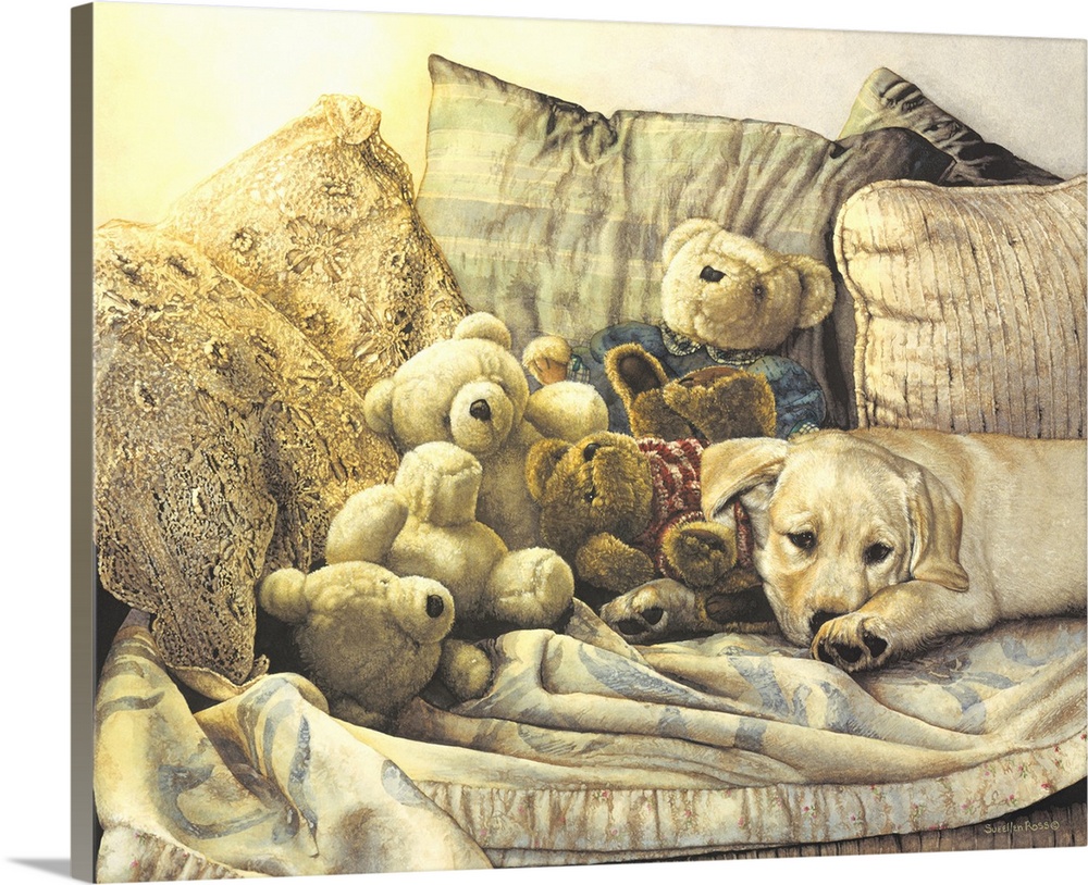 A yellow Labrador puppy laying on a couch with a collection of teddy bears.