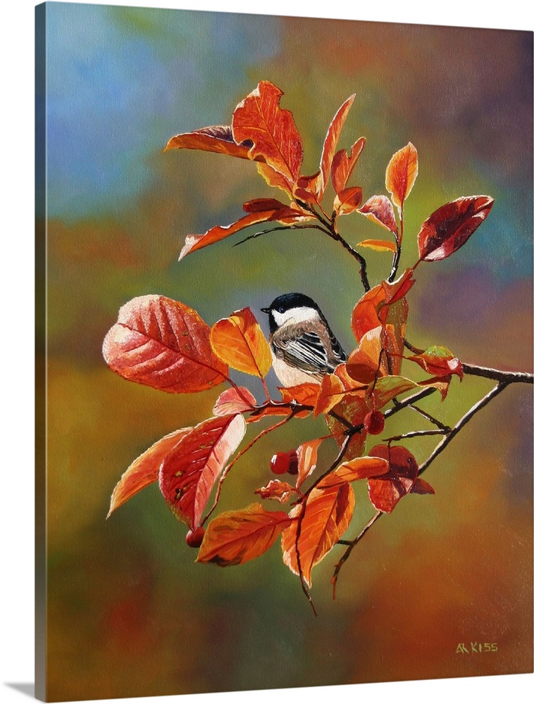 Chickadee On Red Leaves