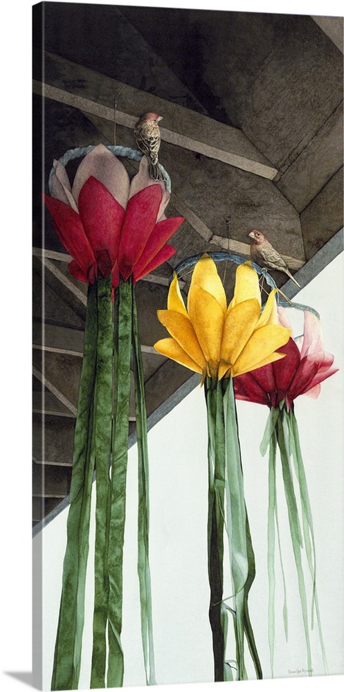 A pair of birds resting on flower shaped windsocks attached to a porch.