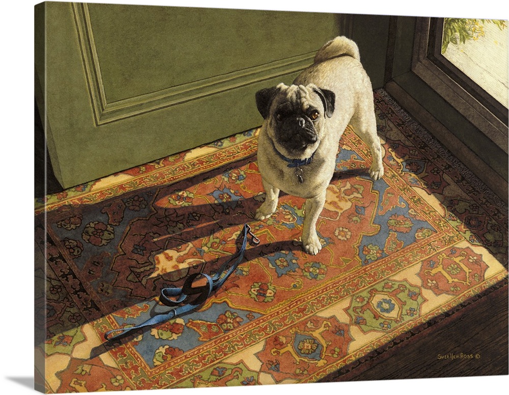 Image of a pug waiting with a leash, at the front door, for his owner to go on a walk.