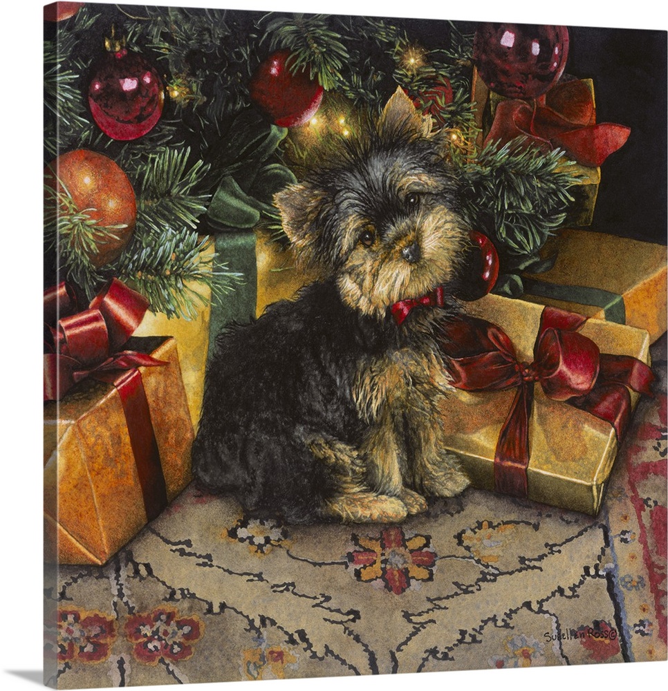 Square image of a puppy sitting among presents underneath a Christmas tree.
