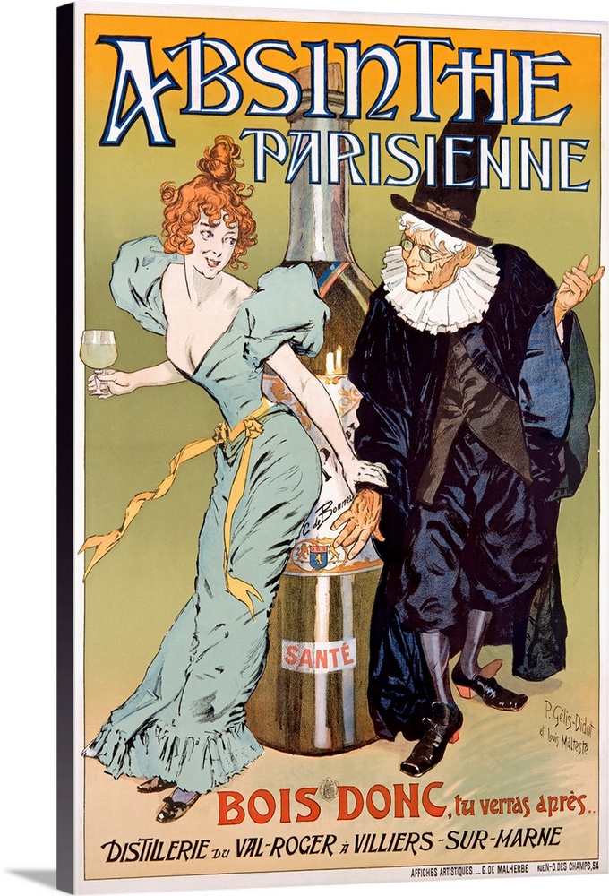 Vertical, large vintage advertisement for Absinthe Parisienne of a young woman in a dress holding a glass in one hand, and...