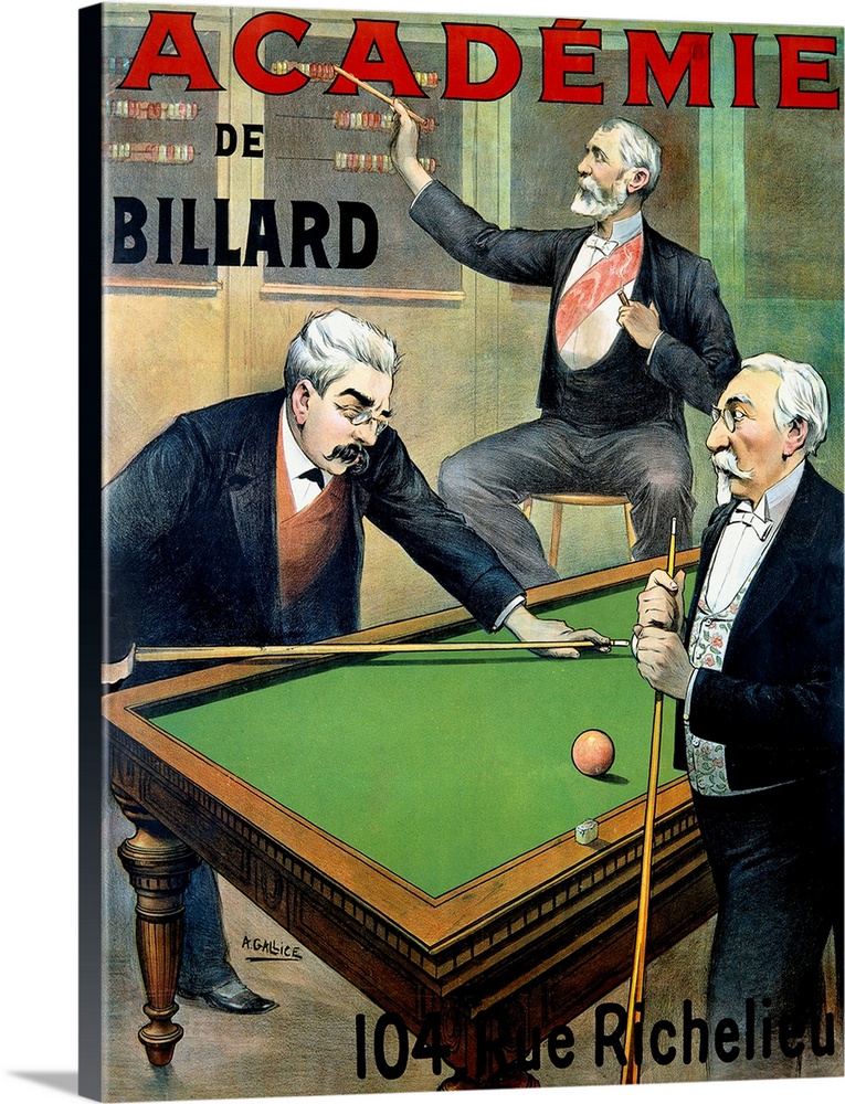 Vertical, vintage advertisement with the text "Academie de Billard" of two men playing pool, while a third in the backgrou...