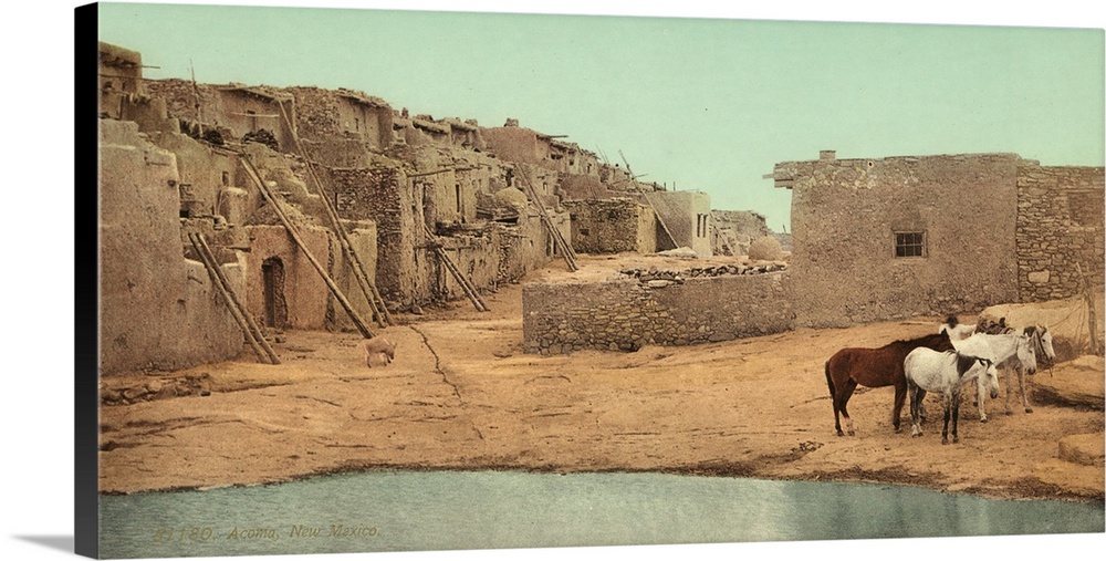 Hand colored photograph of Acoma, New Mexico.
