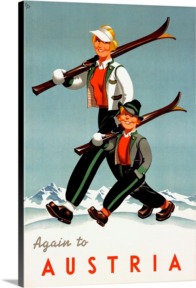 This cheerful postwar Austrian travel poster radiates optimism and Alpine charm. A smiling mother and son, clad in traditi...