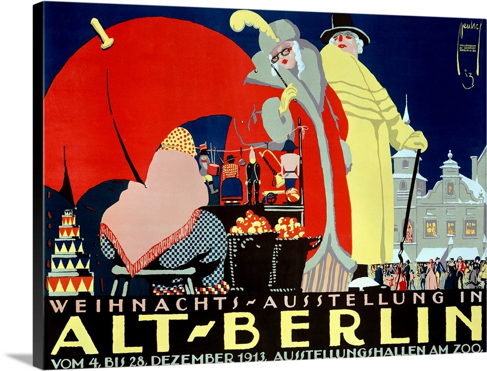 Landscape large vintage advertisement for Alt Berlin, of a man and woman dressed in elegant clothing, browsing upon a merc...