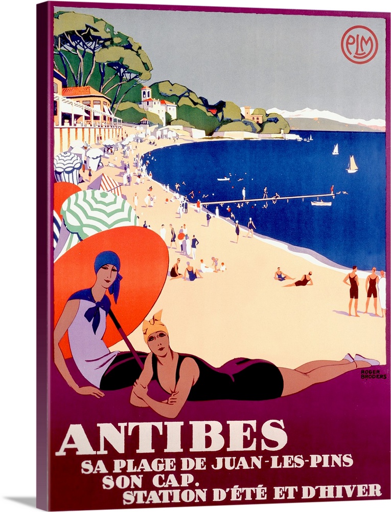 This vintage poster has two women in bathing suits showcased in the foreground with a beach full of people and beach umbre...