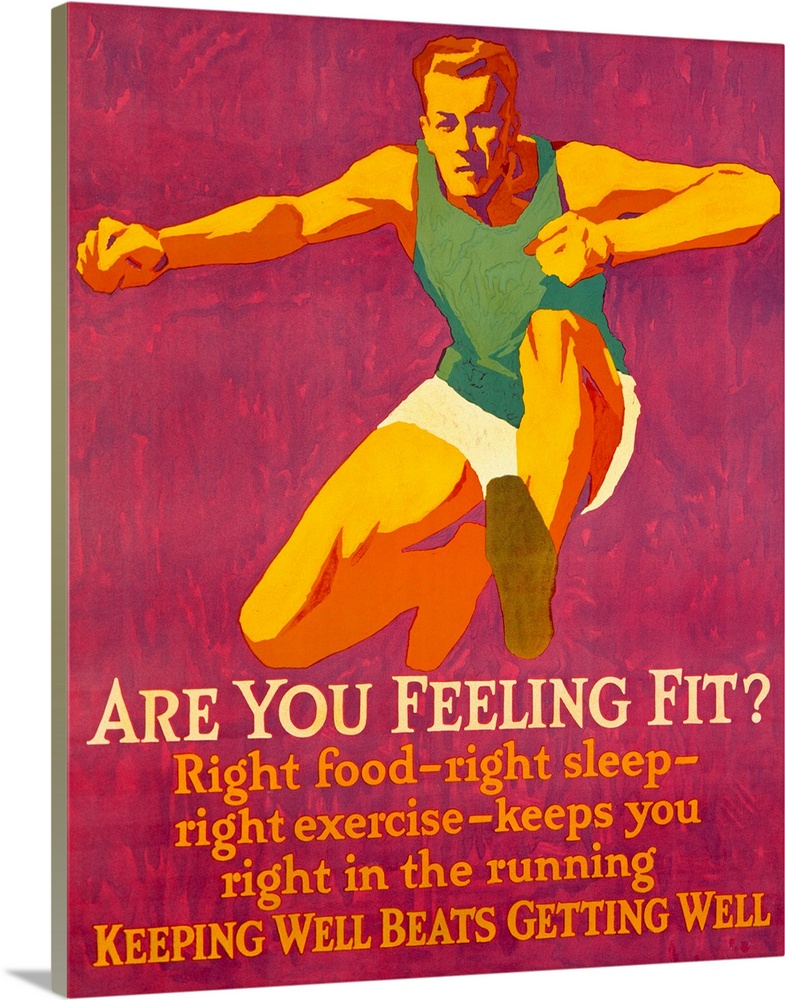 Vintage poster depicting a man in athletic wear jumping over a hurdle. The poster advocates healthy diet and exercise.