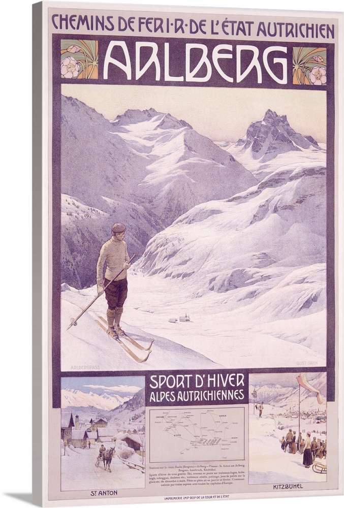 A vintage poster of a single skier standing on a hill looking out onto the snow covered mountains.