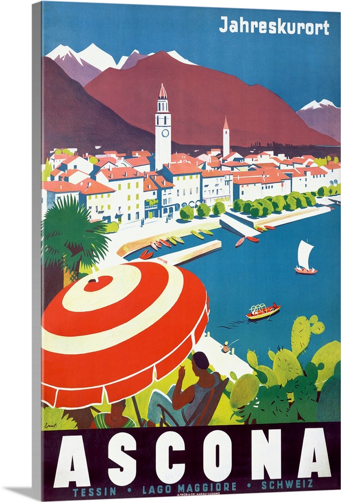 Vintage poster of a woman sitting under an umbrella on a hill that overlooks a body of water with a town just next to it.