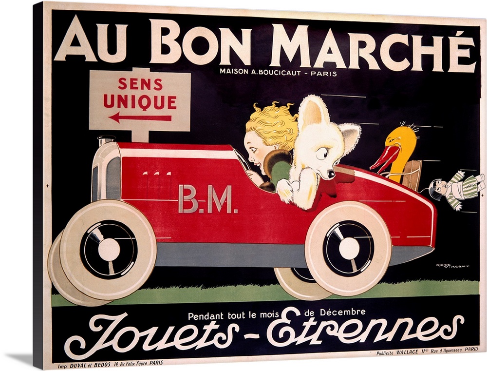 Classic advertisement for the Au Bon Marche featuring a woman driving a car with an animal in the passenger seat with toys...