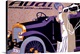 image thumbnail of Large, horizontal vintage advertisement for an Audi automobile, of a woman standing next to a car with an open door, while...