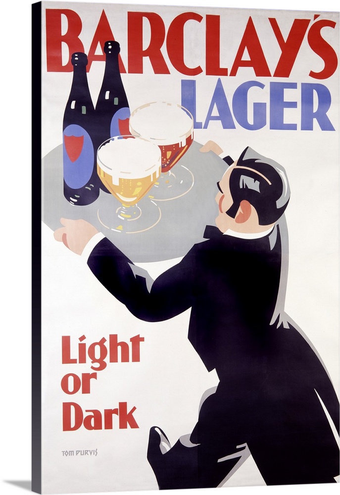 An antique Art Deco advertisement with large blocky text for beer that shows a server in a tuxedo carrying oversized bever...