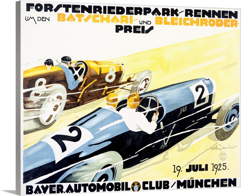 Classic advertisement for a Bayer Automobile Club race with two race cars moving fast.