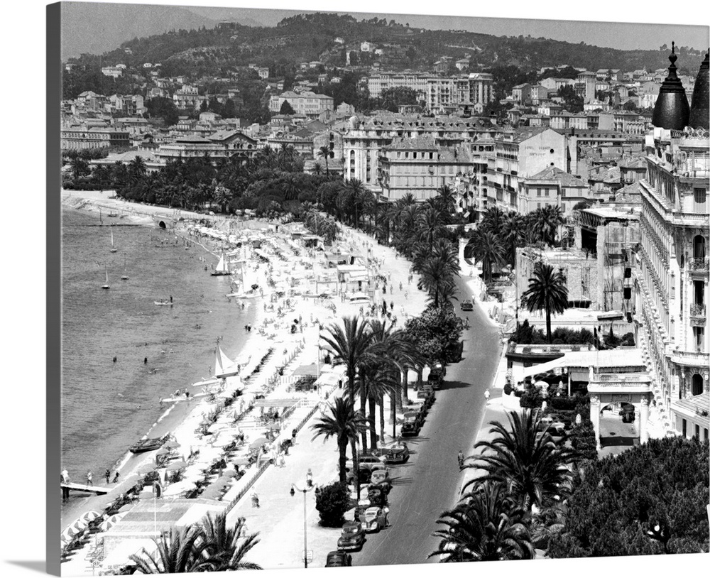 Elevated view, including beachfront, Cannes, France, 1940s