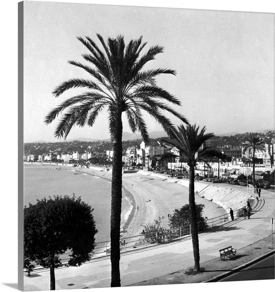 View of the beach at Nice, France, 1950s