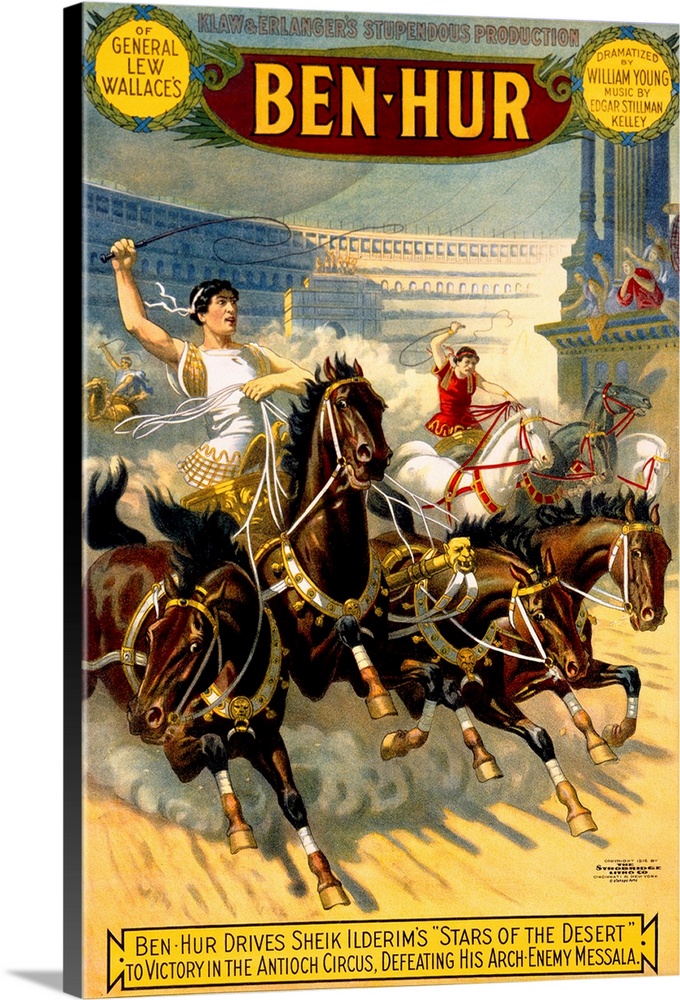 Climactic chariot race scene from the Biblical epic production of Ben-Hur. Strobridge's superior lithography shines in eve...