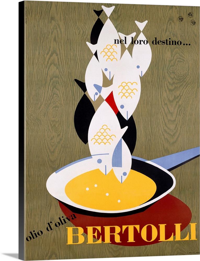 Old advertising poster artwork showing a group of fish hanging over a fry pan with a wood grain background.