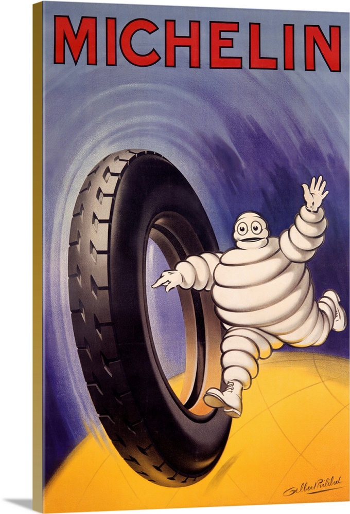 Michelin man running with tire against blue background.