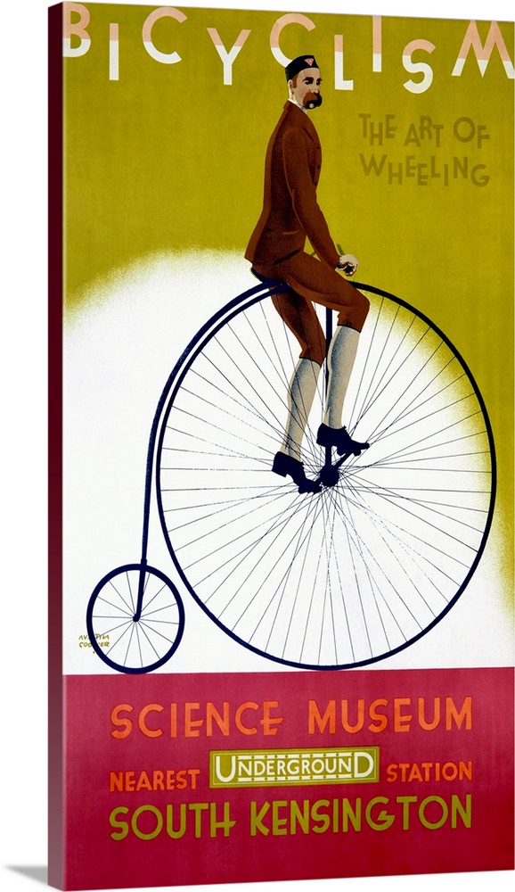 This wall art is a vintage advertising poster for an exhibit about bicycles with artwork depicting a man riding on a penny...