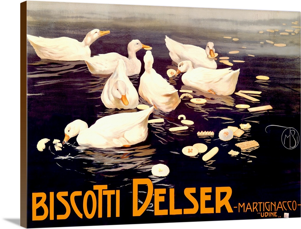 Classic advertisement for Biscotti Desler featuring ducks eating crackers in a lake.