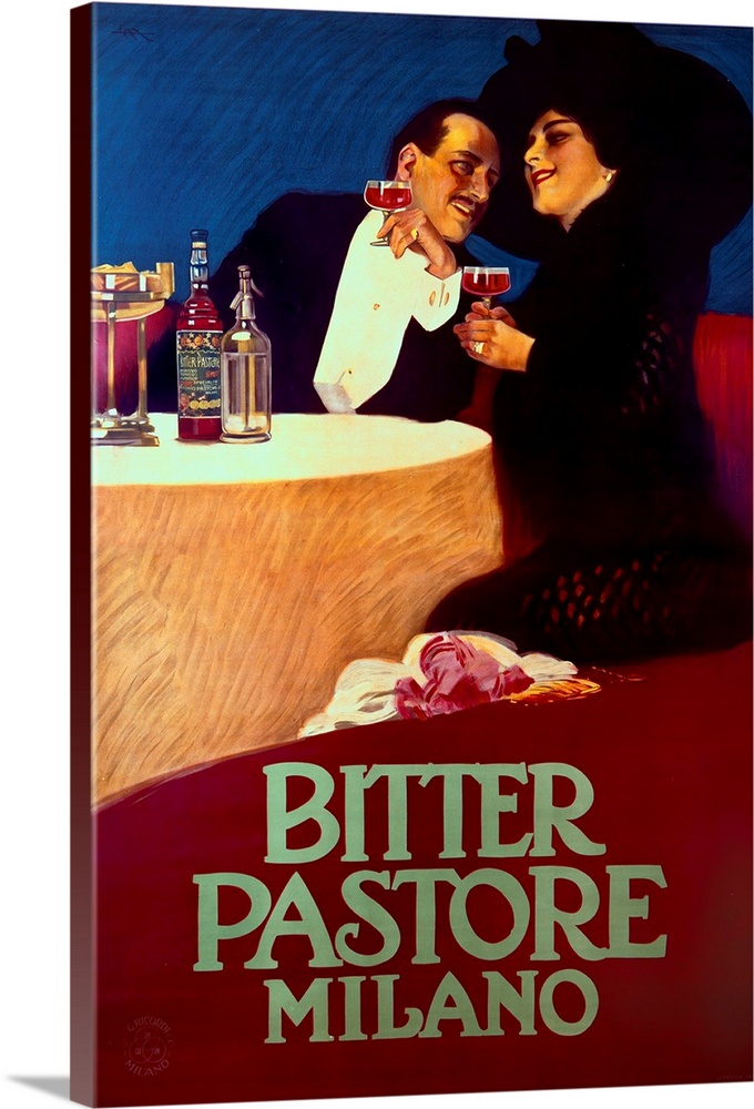 This romantic vintage poster advertises Bitter Pastore, a bitter aperitif produced in Milano. It portrays an elegantly dre...