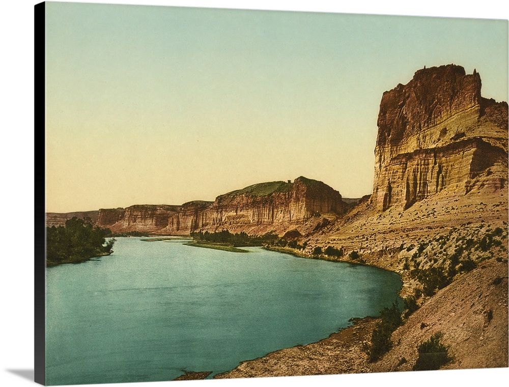 Hand colored photograph of bluffs of the green river.