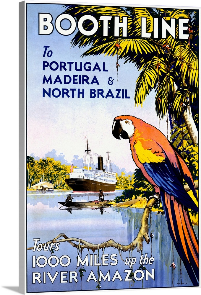Old advertising poster with a parrot in a palm tree and cruise liner in the distance with the text "To Portugal, Madeira, ...