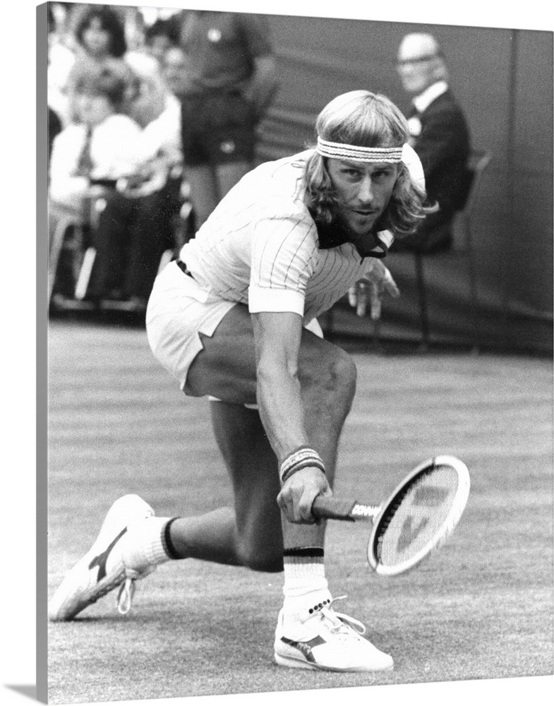 7th July 1979:  Swedish tennis player Bjorn Borg in action against Roscoe Tanner in the Men's Single Final on his way to a...