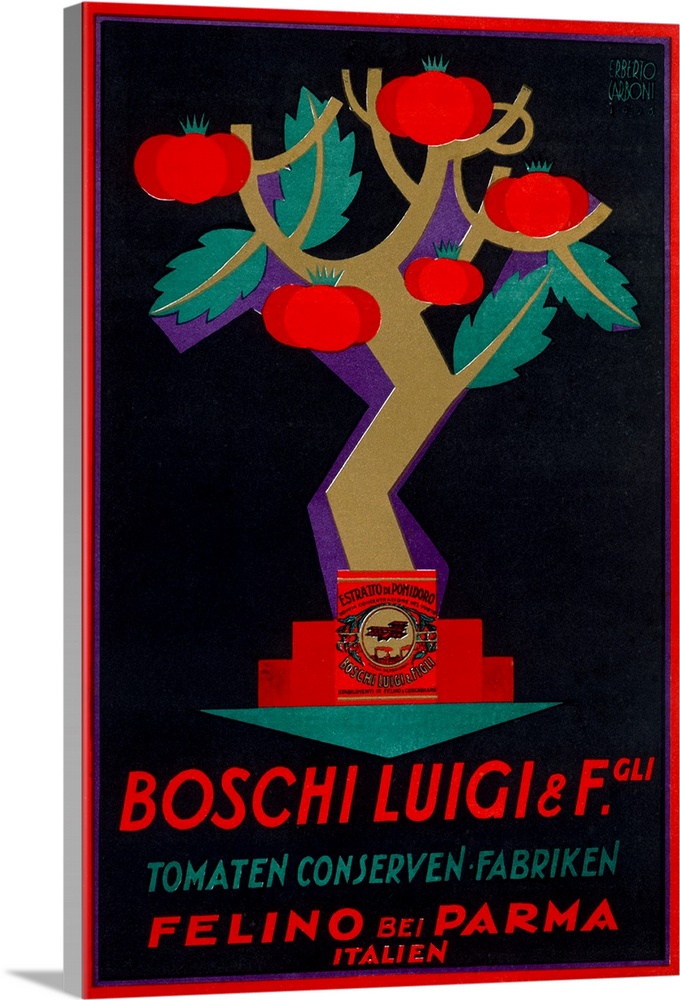 A vintage poster of a tree that is growing tomatoes with a brand sauce at the base and Italian text at the bottom of the p...