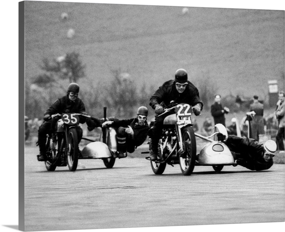 A sidecar race at Brands Hatch, organised by the Rochester, Chatham and District MCC, 12th April 1952 In the lead is Jack ...