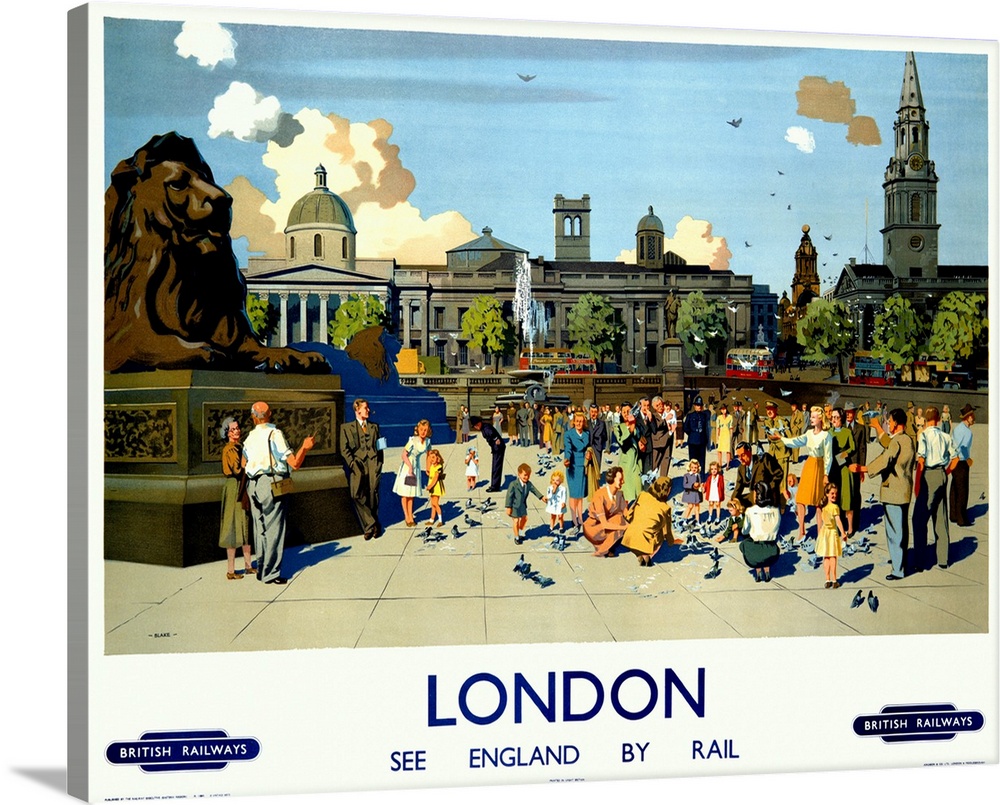 This scene of Londons Trafalgar Square is one of several images that Blake created at this time for the British Railways. ...