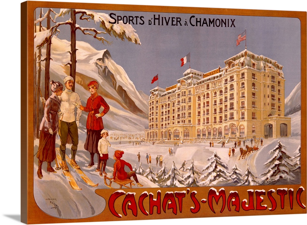 Large, landscape, vintage advertisement for Cachats Majestic, Sports dHiver a Chamonix of a large, grand hotel surrounded ...