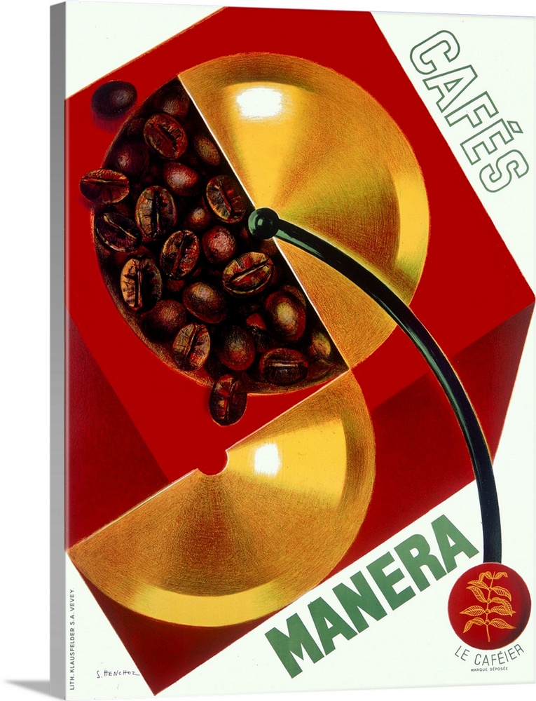 Oversized, vertical, vintage advertisement wall hanging for Cafo Manera of coffee beans in a grinder on a white background.