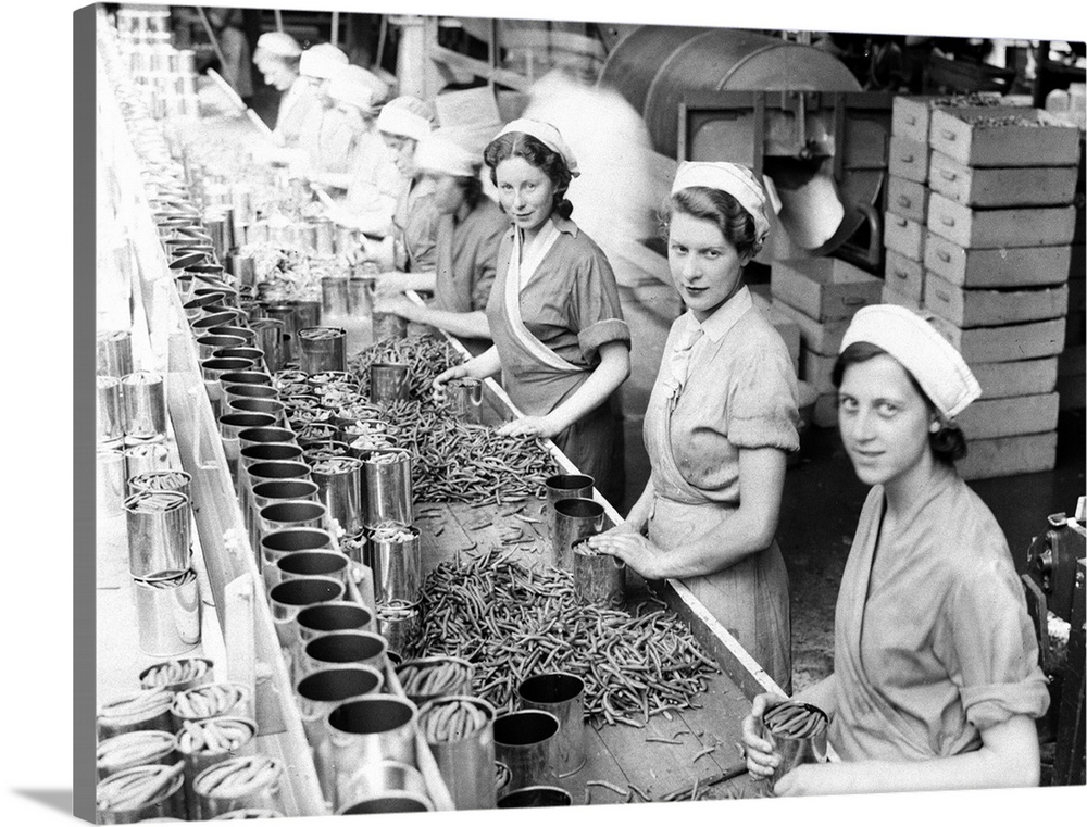 September 1934:  Women on a production line canning beans at Wisbech, Cambridgeshire