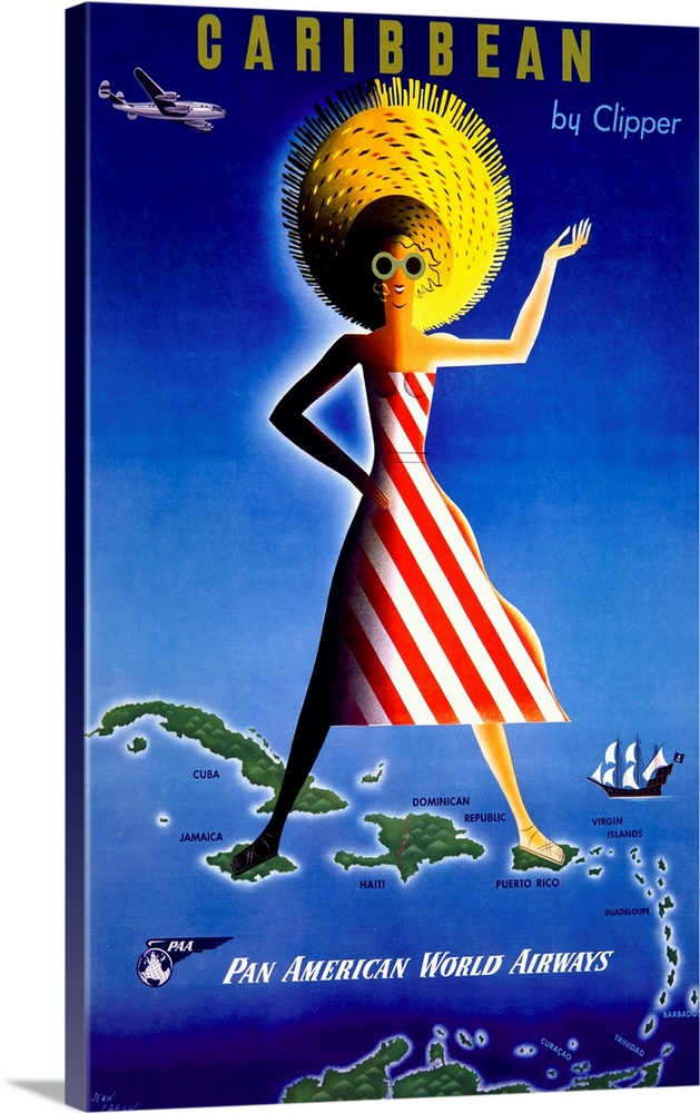 Portrait, giant vintage advertisement for Pan American World Airways, destination is the Caribbean.  A woman in a summer d...