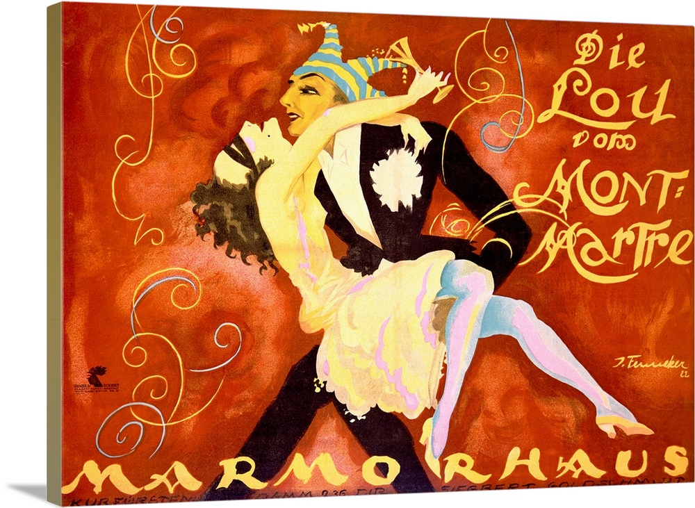 This vintage poster showcases an expressionist style of painted figures dancing in a ball gown and tuxedo while wearing th...